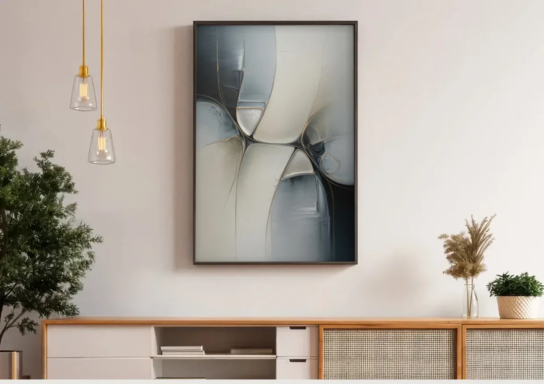 Intricate Harmony Grey and White Abstract canvas wall art above a wooden sideboard under pendant lights