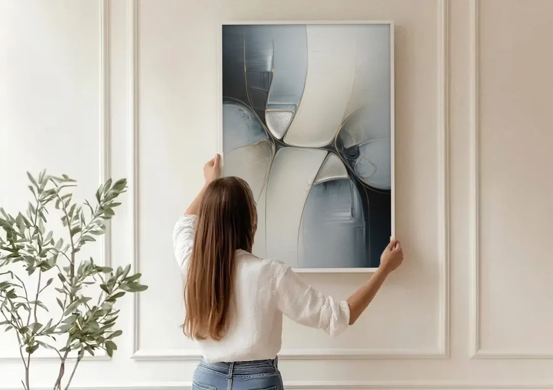 Intricate Harmony Grey and White Abstract canvas wall art being hung on a paneled wall