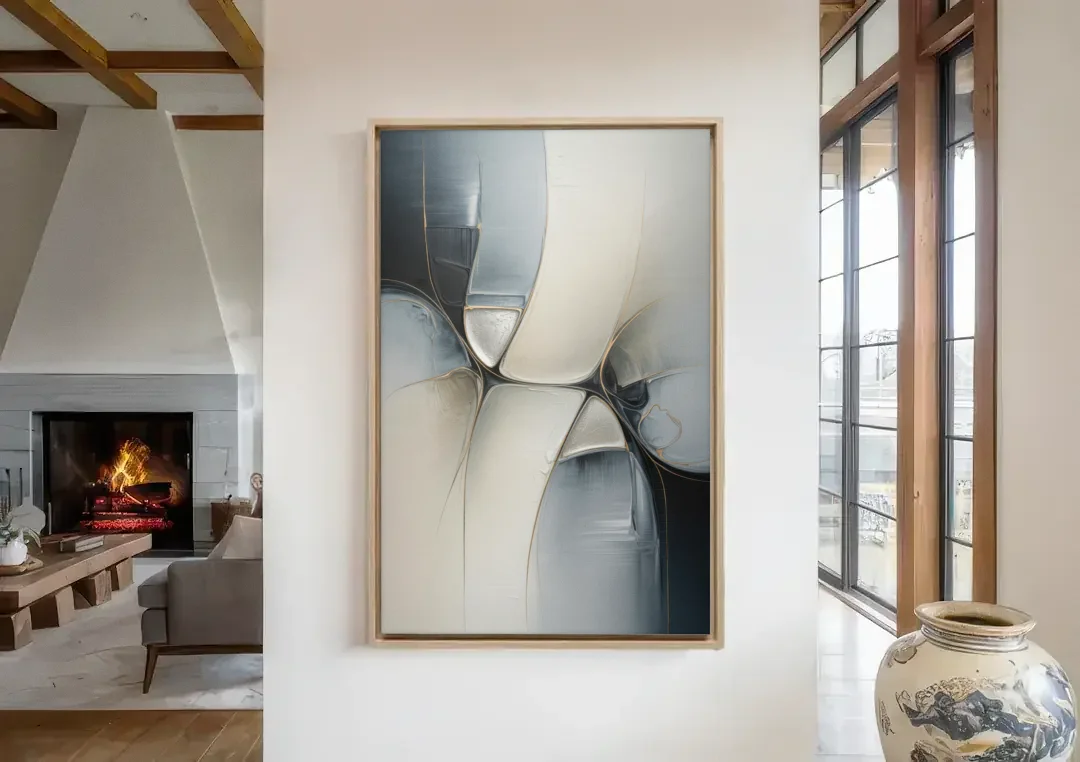 Intricate Harmony Grey and White Abstract canvas wall art in a living room with a fireplace