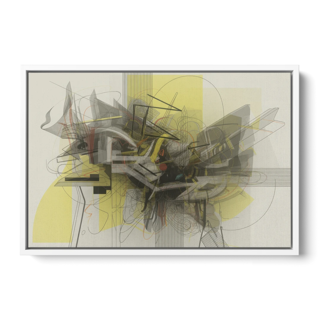 Intricate Layered Dance Yellow and Grey Abstract - White Framed Canvas Wall Art - Front