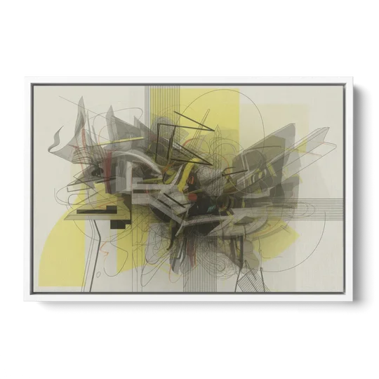 Intricate Layered Dance Yellow and Grey Abstract - White Framed Canvas Wall Art - Front
