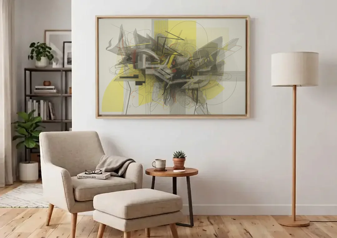Intricate Layered Dance Yellow and Grey Abstract canvas wall art above an armchair in a bright living room
