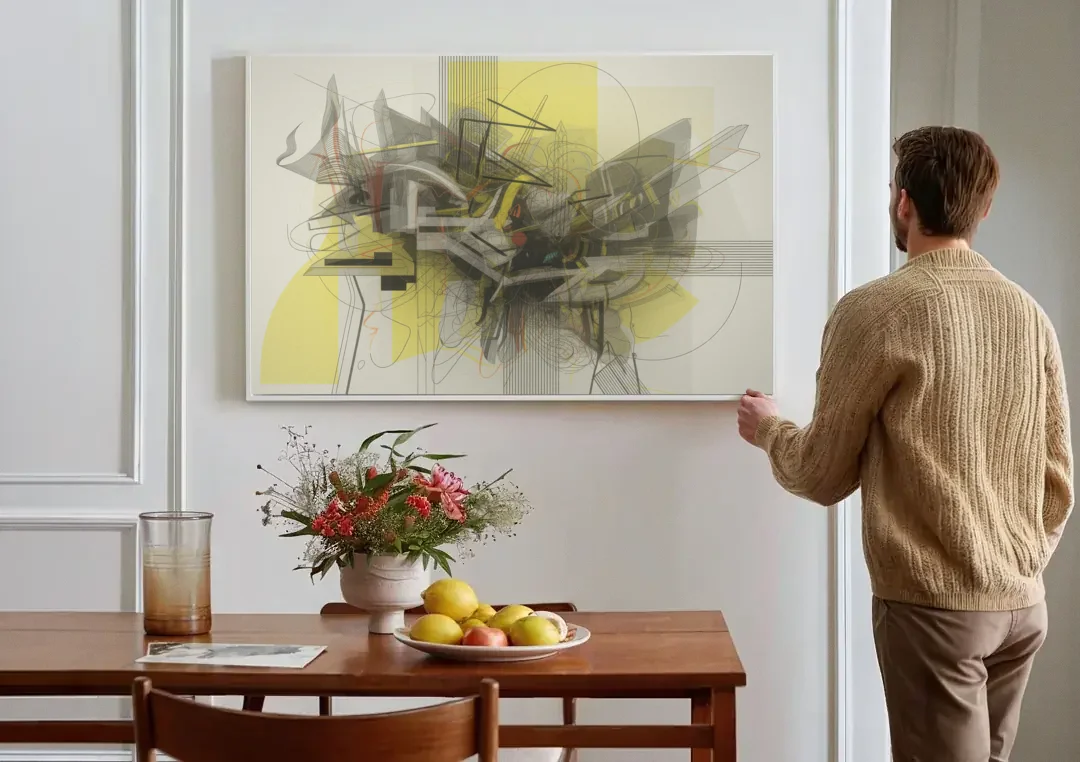 Intricate Layered Dance Yellow and Grey Abstract canvas wall art above a dining table