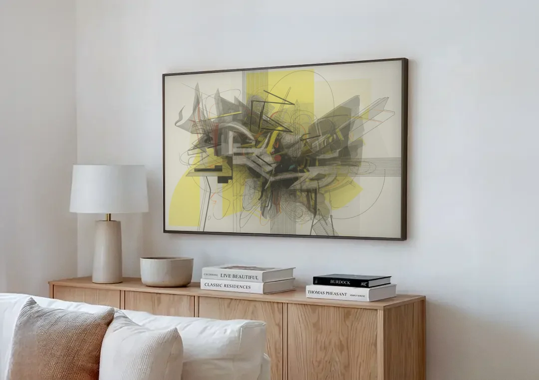 Intricate Layered Dance Yellow and Grey Abstract canvas wall art above a wooden sideboard next to a sofa