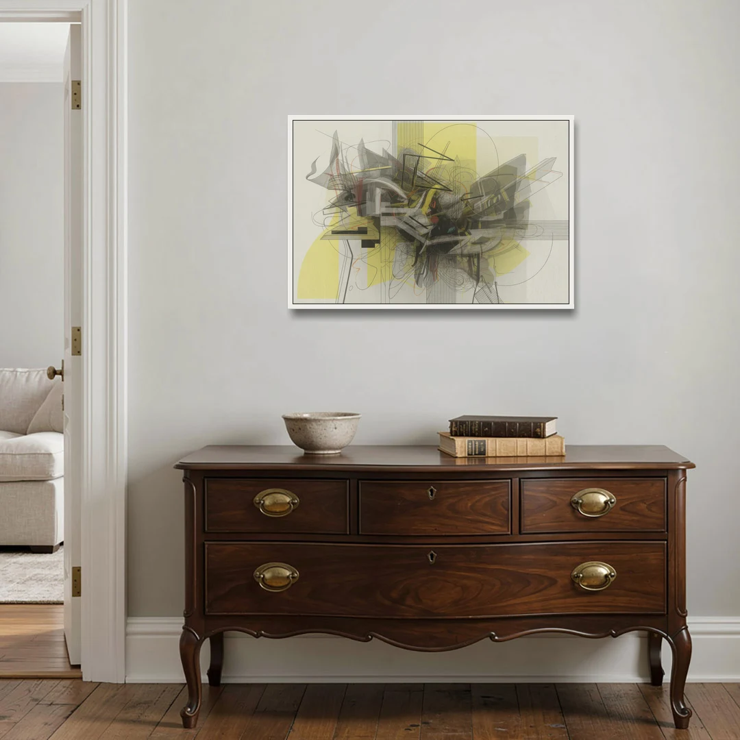 Intricate Layered Dance Yellow and Grey Abstract - White Framed Canvas Wall Art - Coffee Table - 36x24