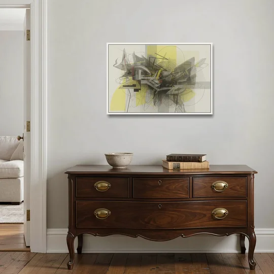 Intricate Layered Dance Yellow and Grey Abstract - White Framed Canvas Wall Art - Coffee Table - 36x24