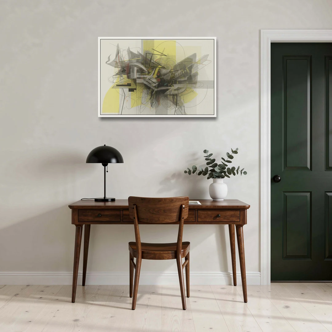 Intricate Layered Dance Yellow and Grey Abstract - White Framed Canvas Wall Art - Office - 36x24