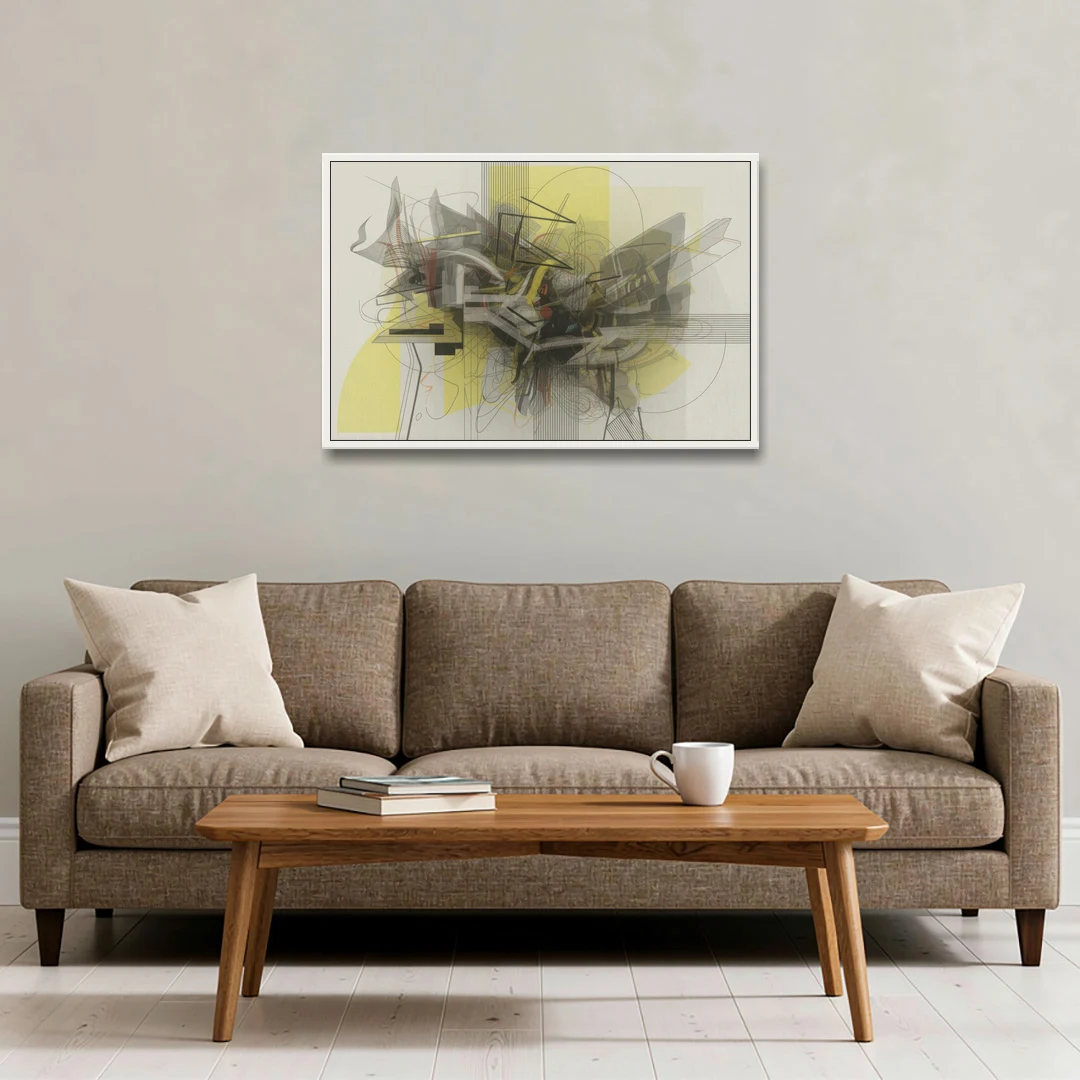 Intricate Layered Dance Yellow and Grey Abstract - White Framed Canvas Wall Art - Sofa - 36x24