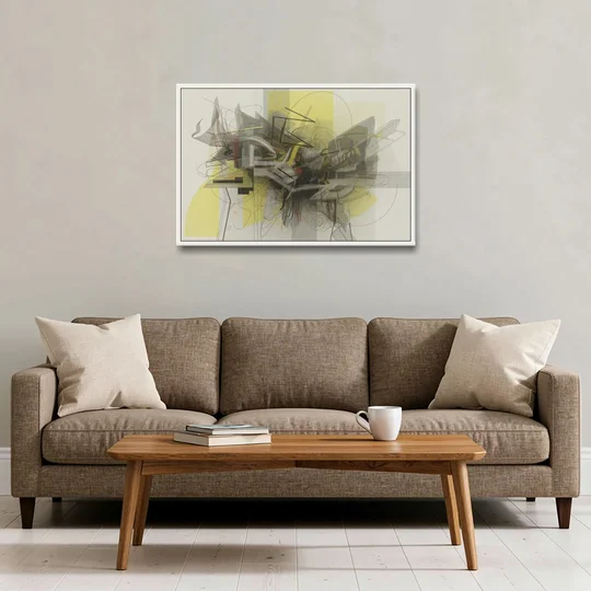 Intricate Layered Dance Yellow and Grey Abstract - White Framed Canvas Wall Art - Sofa - 36x24