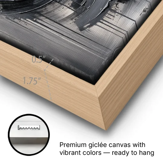 Modern Black and White Inward Spiral - Oak Framed Canvas Wall Art - Gallery Wrap Corner