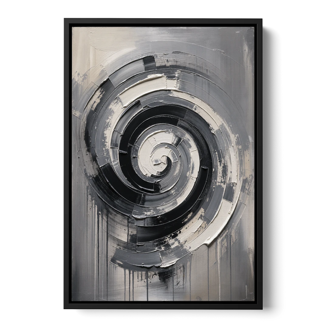 Modern Black and White Inward Spiral - Black Framed Canvas Wall Art - Front