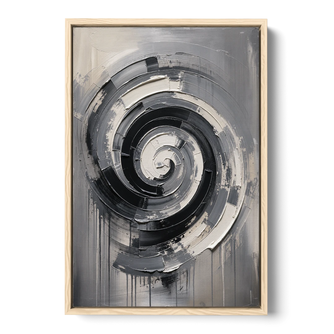 Modern Black and White Inward Spiral - Oak Framed Canvas Wall Art - Front