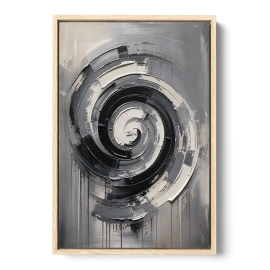 Modern Black and White Inward Spiral - Oak Framed Canvas Wall Art - Front