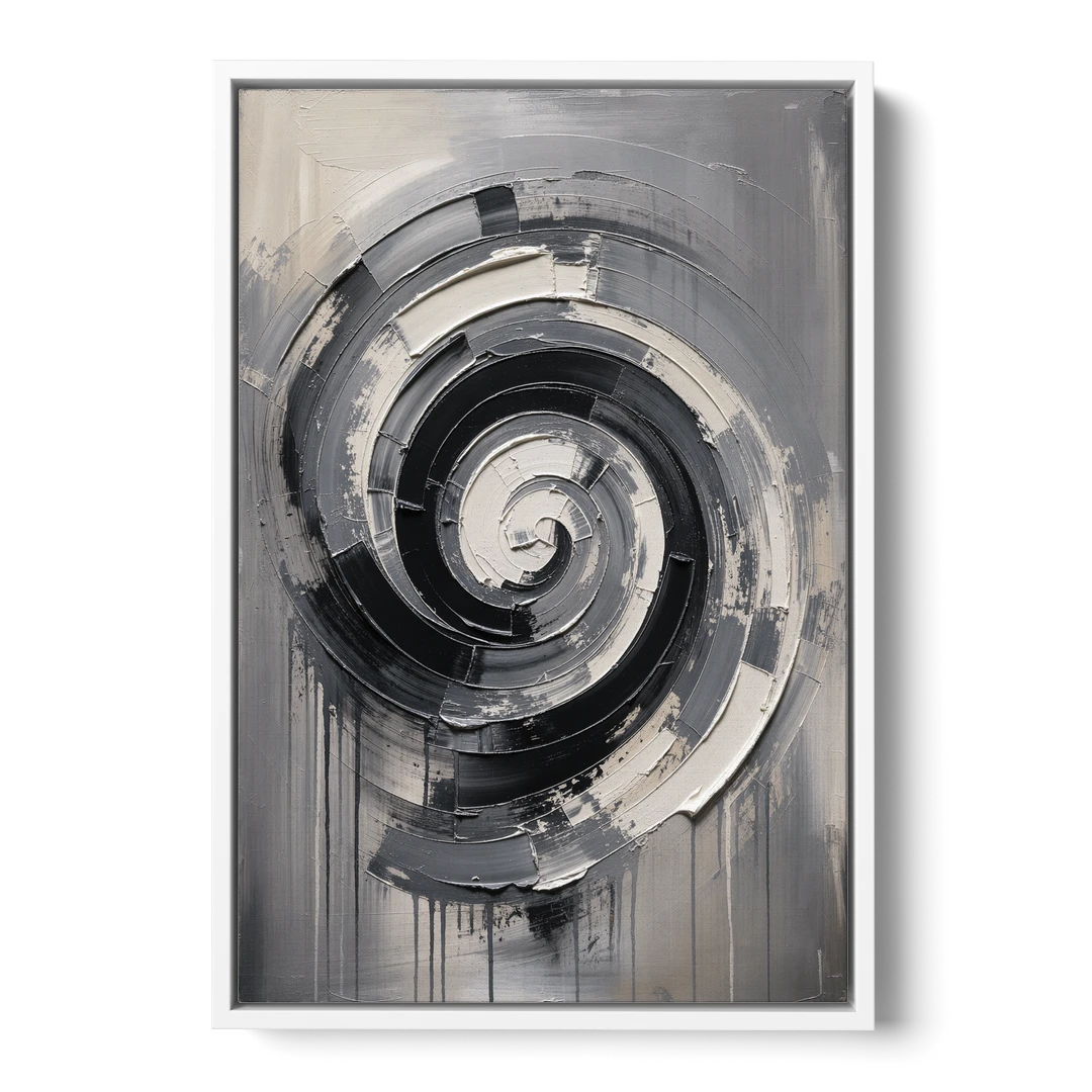Modern Black and White Inward Spiral - White Framed Canvas Wall Art - Front