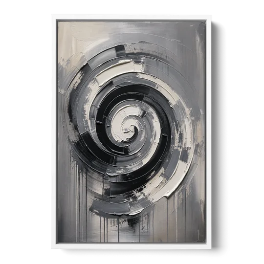 Modern Black and White Inward Spiral - White Framed Canvas Wall Art - Front