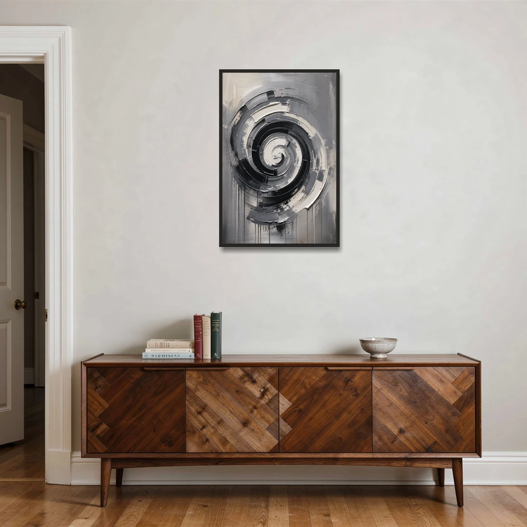 Modern Black and White Inward Spiral - Black Framed Canvas Wall Art - Coffee Table - 24x36