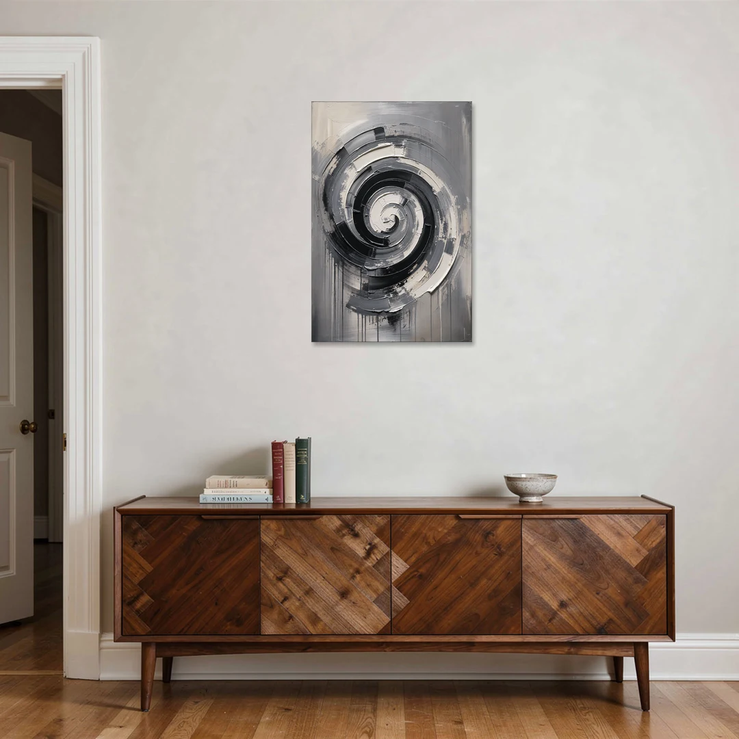 Modern Black and White Inward Spiral - Canvas Wall Art - Coffee Table - 24x36