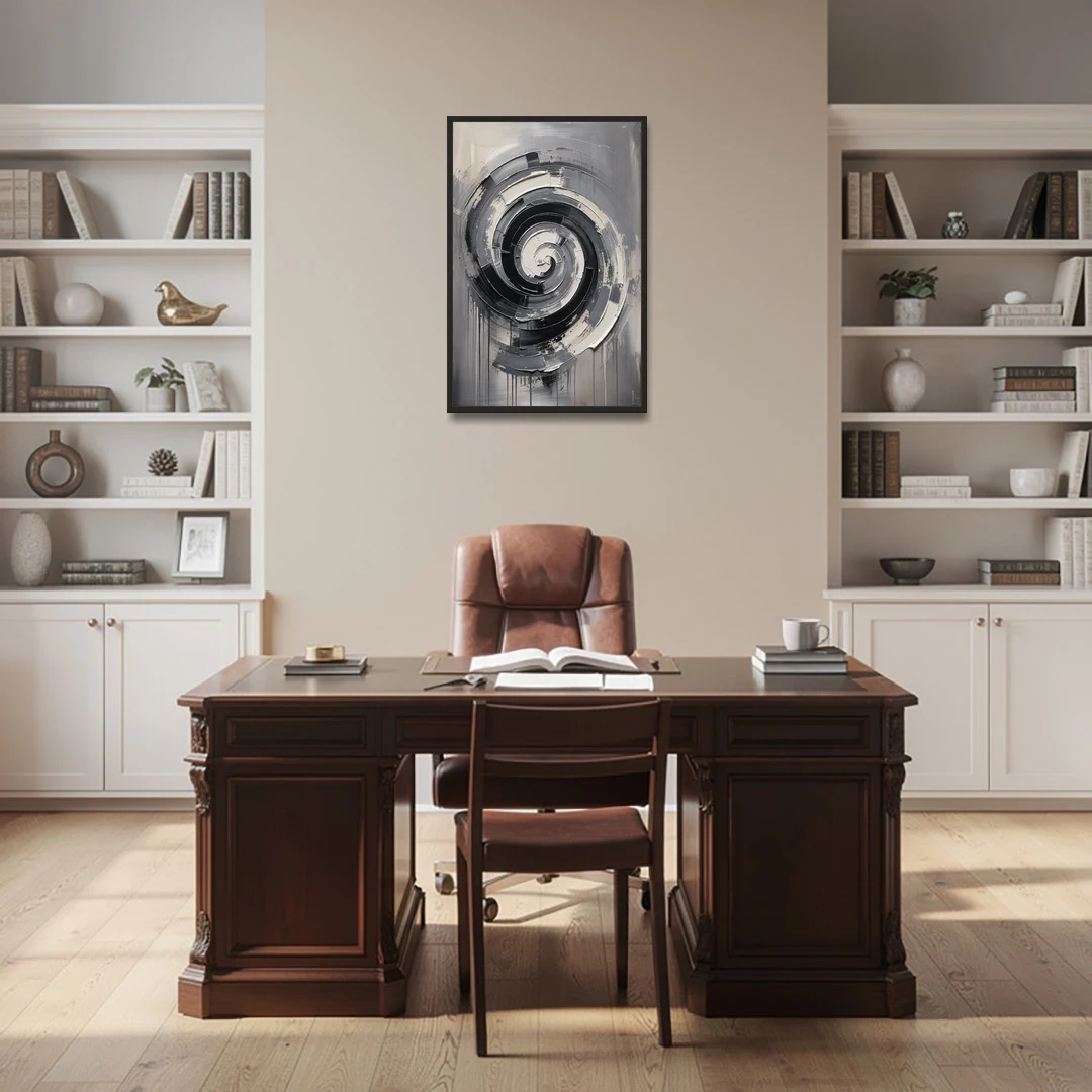 Modern Black and White Inward Spiral - Black Framed Canvas Wall Art - Office - 24x36