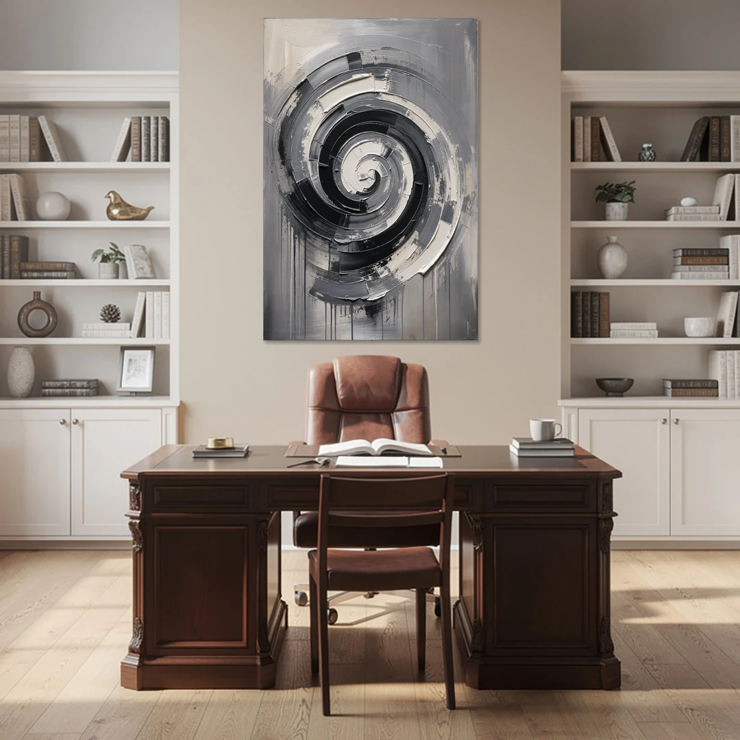 Modern Black and White Inward Spiral - Canvas Wall Art - Office - 40x60