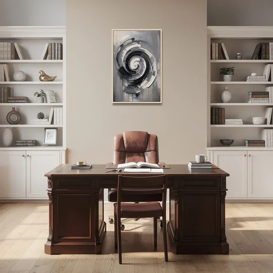 Modern Black and White Inward Spiral - Oak Framed Canvas Wall Art - Office - 24x36