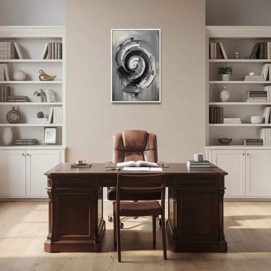 Modern Black and White Inward Spiral - White Framed Canvas Wall Art - Office - 24x36