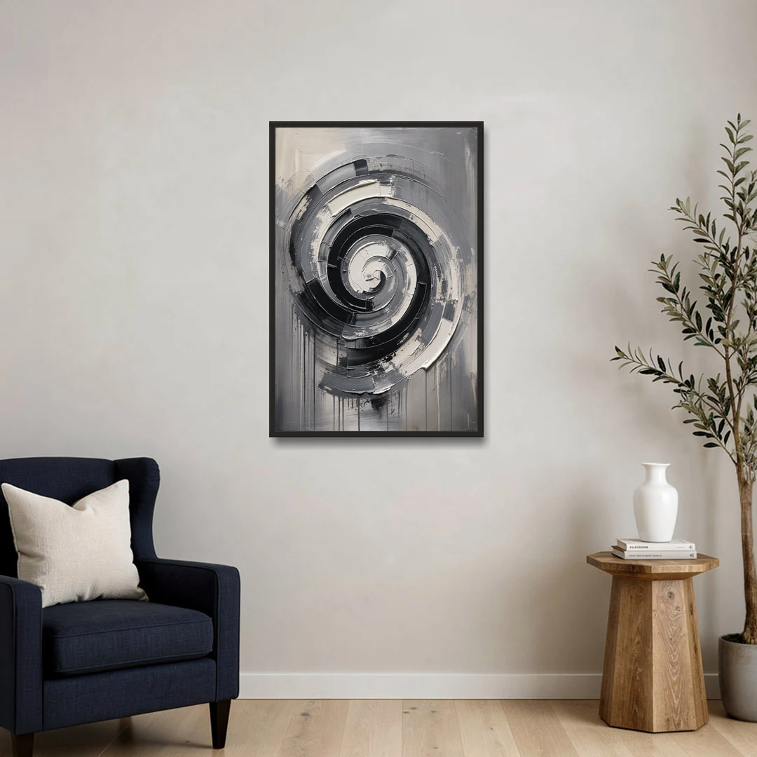 Modern Black and White Inward Spiral - Black Framed Canvas Wall Art - Sofa - 24x36
