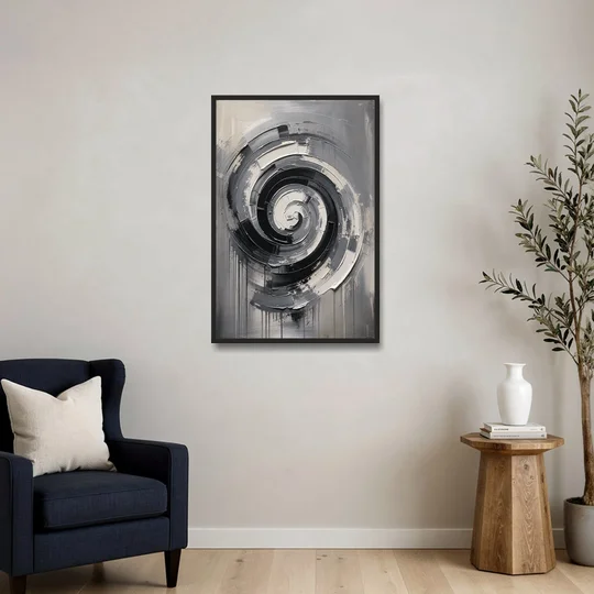 Modern Black and White Inward Spiral - Black Framed Canvas Wall Art - Sofa - 24x36