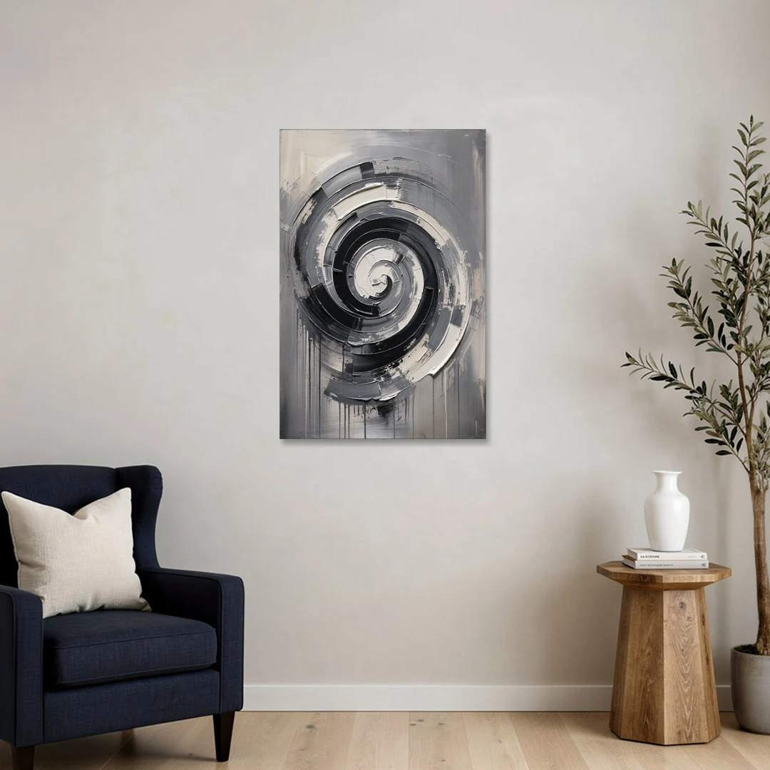 Modern Black and White Inward Spiral - Canvas Wall Art - Sofa - 24x36