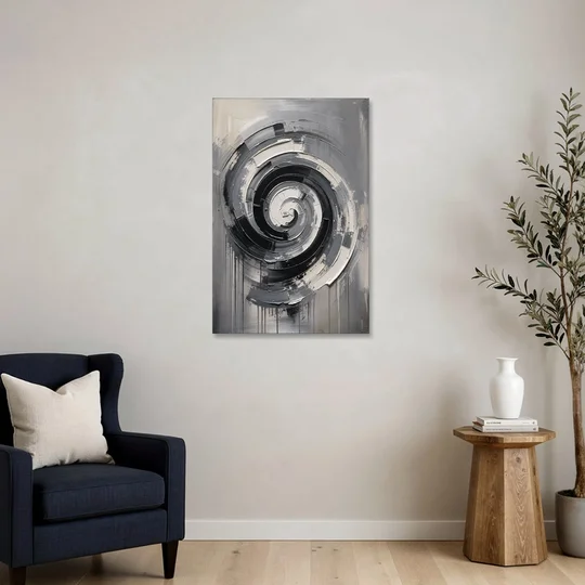 Modern Black and White Inward Spiral - Canvas Wall Art - Sofa - 24x36