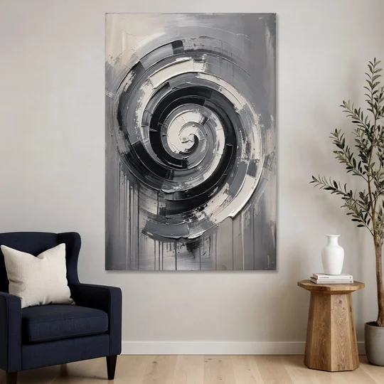 Modern Black and White Inward Spiral - Canvas Wall Art - Sofa - 40x60