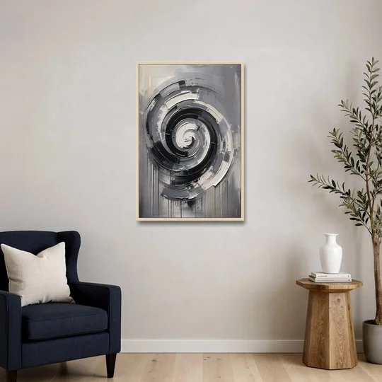 Modern Black and White Inward Spiral - Oak Framed Canvas Wall Art - Sofa - 24x36