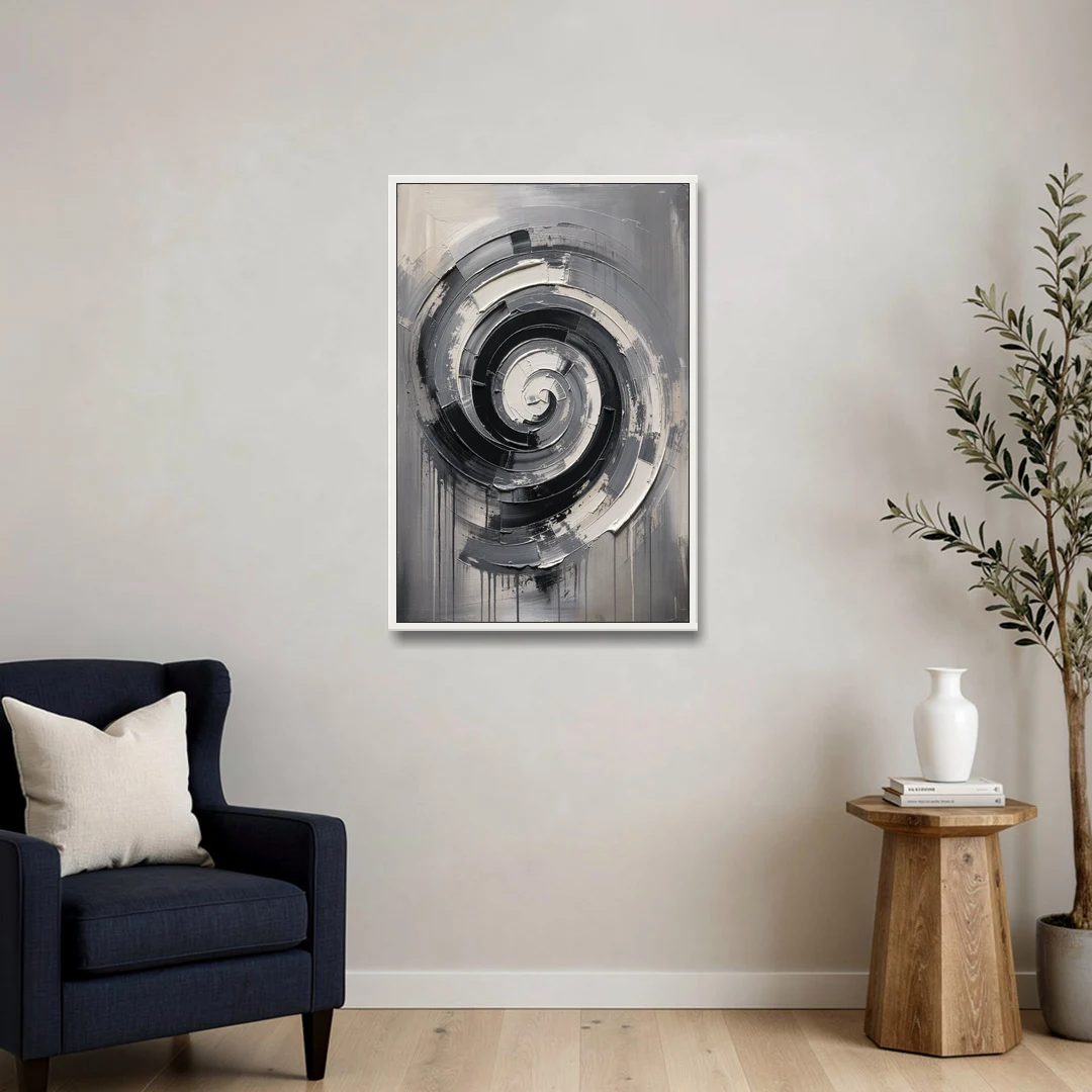 Modern Black and White Inward Spiral - White Framed Canvas Wall Art - Sofa - 24x36