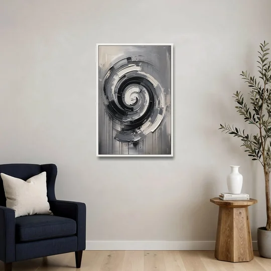 Modern Black and White Inward Spiral - White Framed Canvas Wall Art - Sofa - 24x36