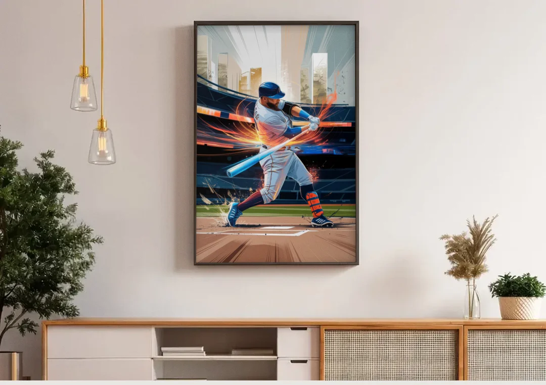 Irvine Baseball Dreams canvas wall art above a wooden sideboard under pendant lights