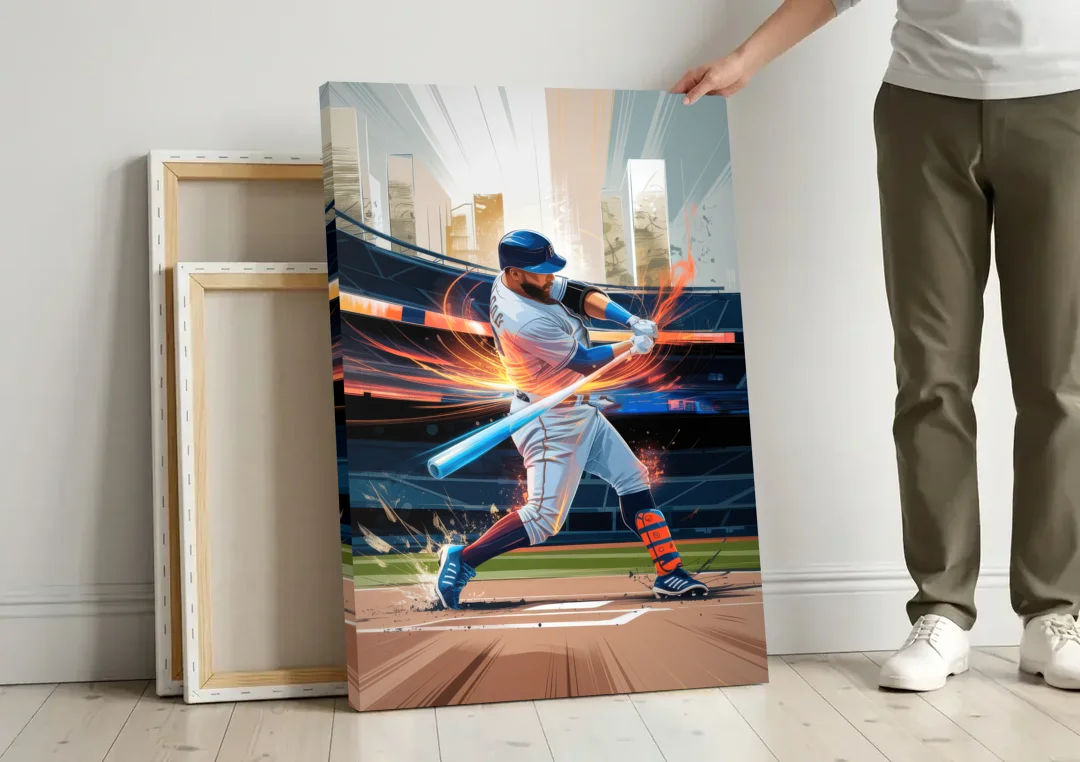 Irvine Baseball Dreams canvas wall art leaning against a wall next to blank canvases