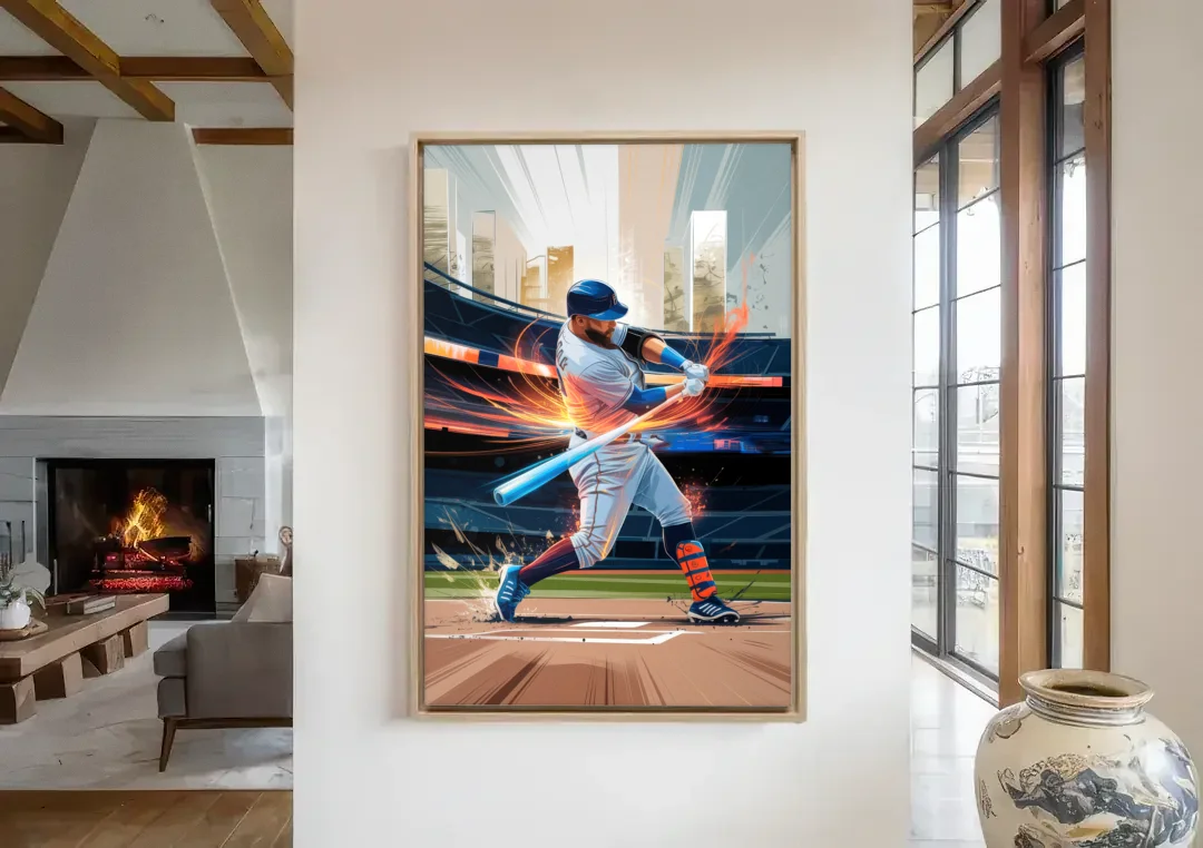 Irvine Baseball Dreams canvas wall art in a living room with a fireplace