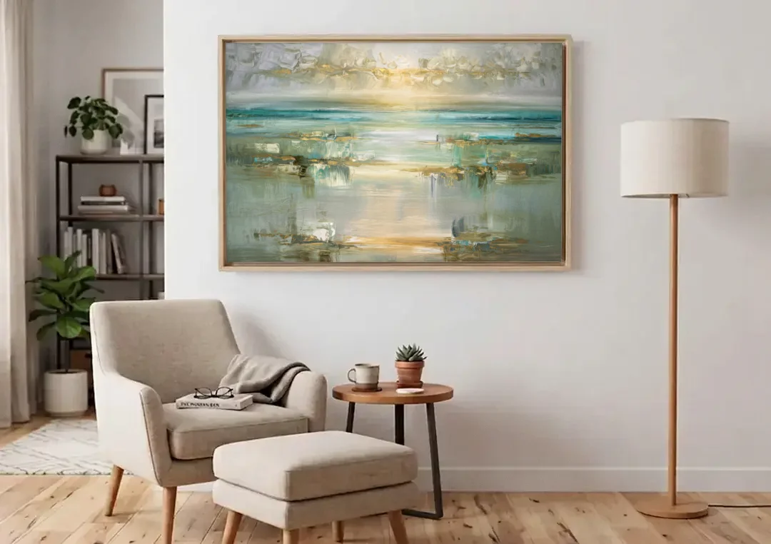 Irvine Coastal Serenity canvas wall art above an armchair in a bright living room