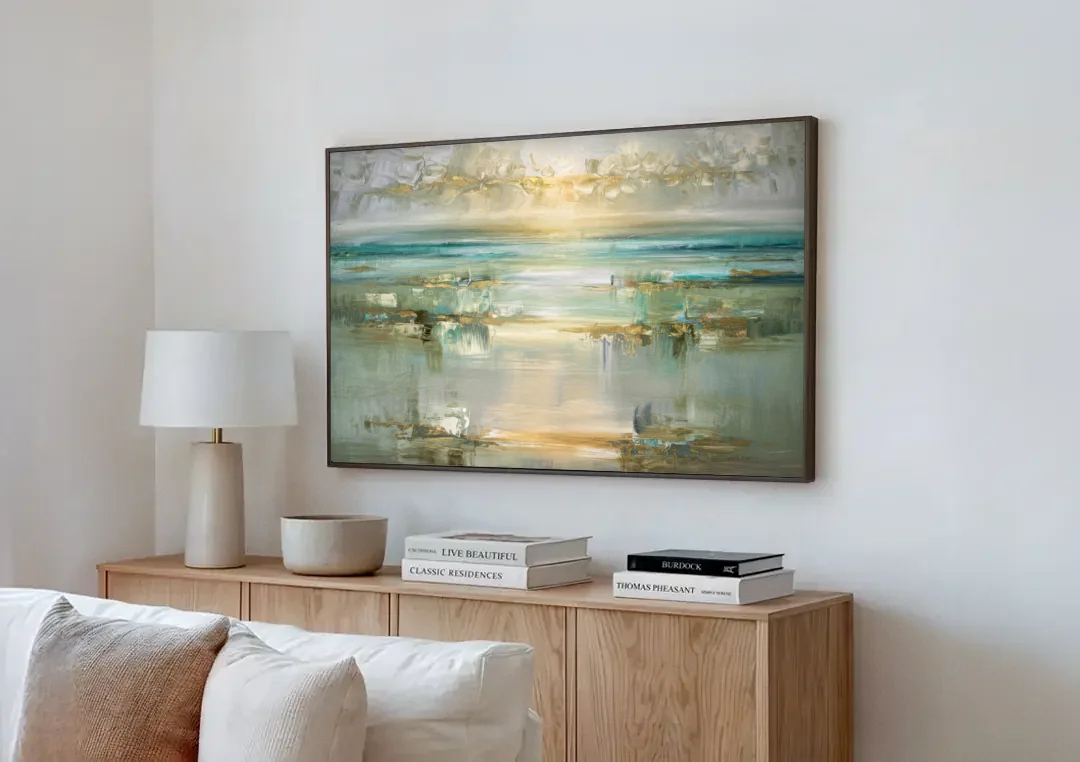 Irvine Coastal Serenity canvas wall art above a wooden sideboard next to a sofa