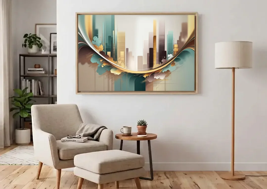 Irvine Modern Design canvas wall art above an armchair in a bright living room