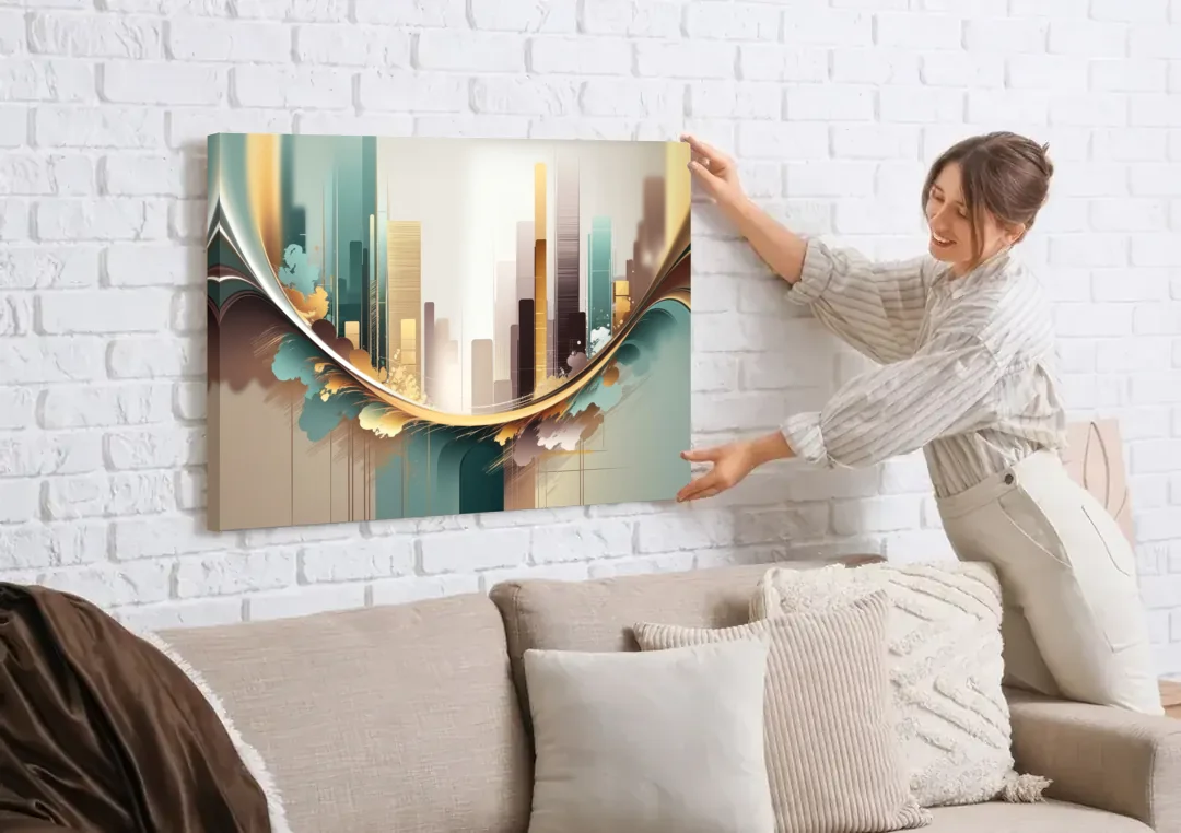 Irvine Modern Design canvas wall art being hung on a white brick wall above a sofa