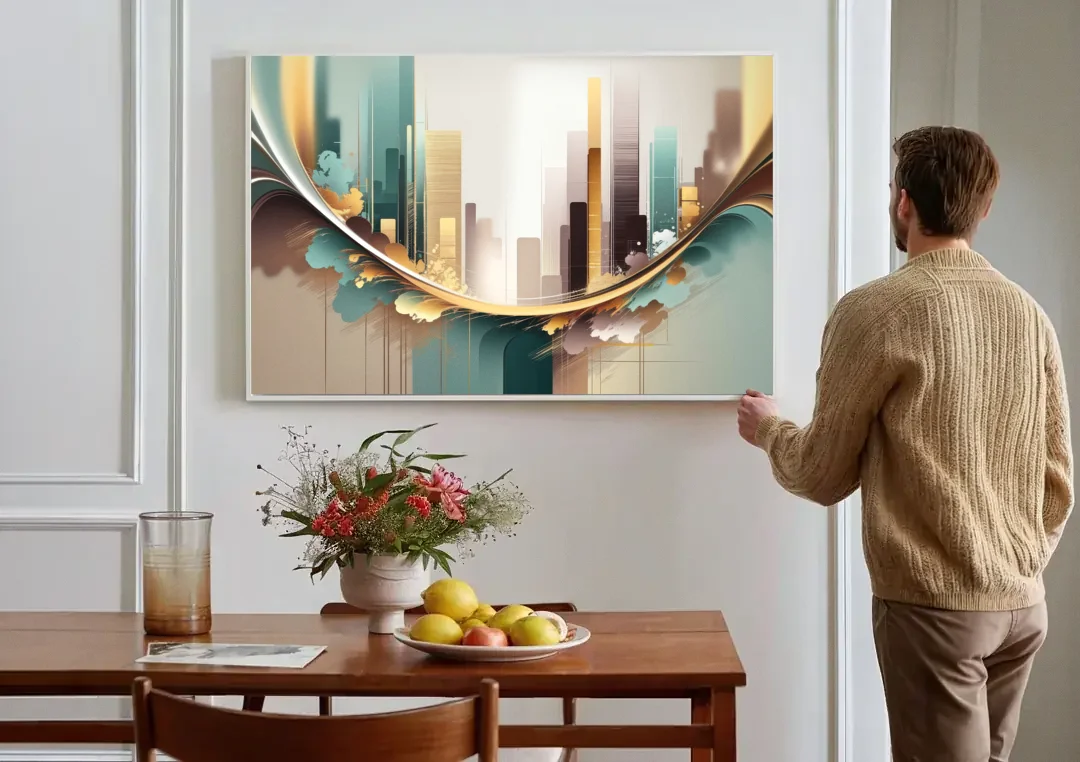Irvine Modern Design canvas wall art above a dining table
