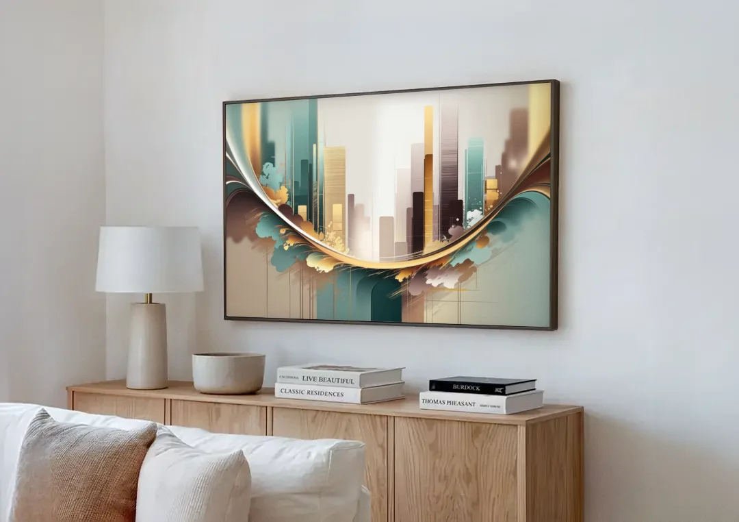Irvine Modern Design canvas wall art above a wooden sideboard next to a sofa