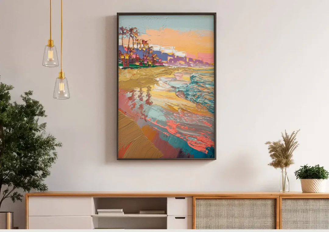 Irvine Orange County Vibes canvas wall art above a wooden sideboard under pendant lights