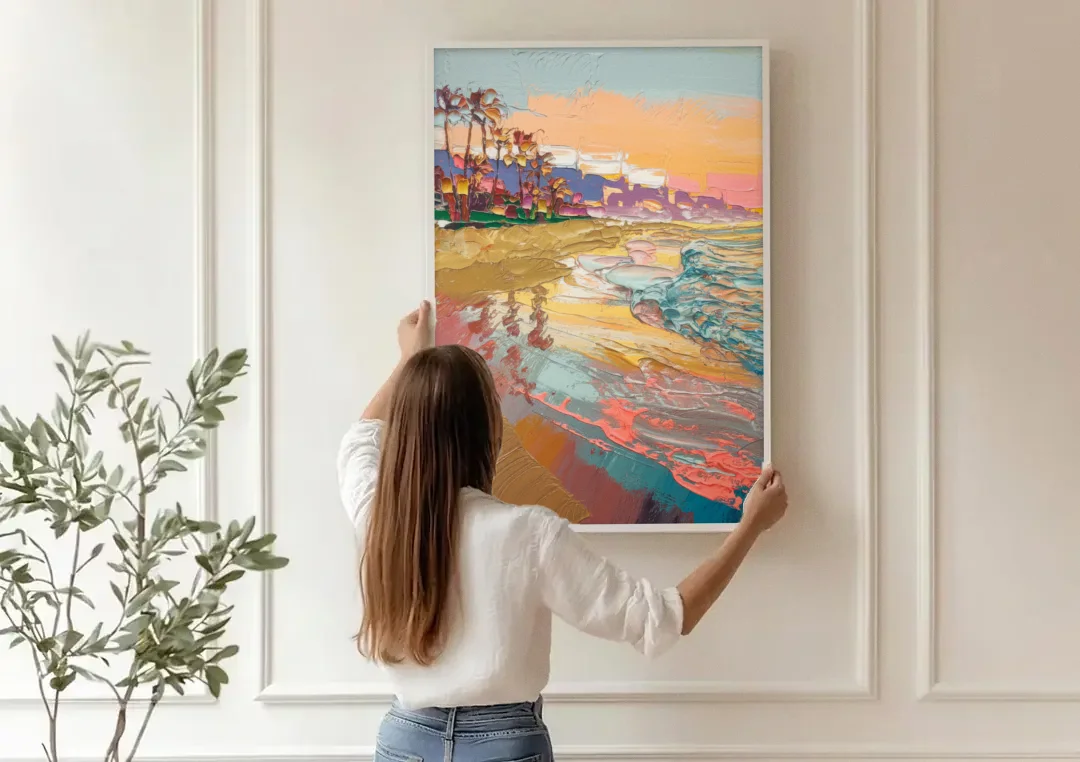 Irvine Orange County Vibes canvas wall art being hung on a paneled wall