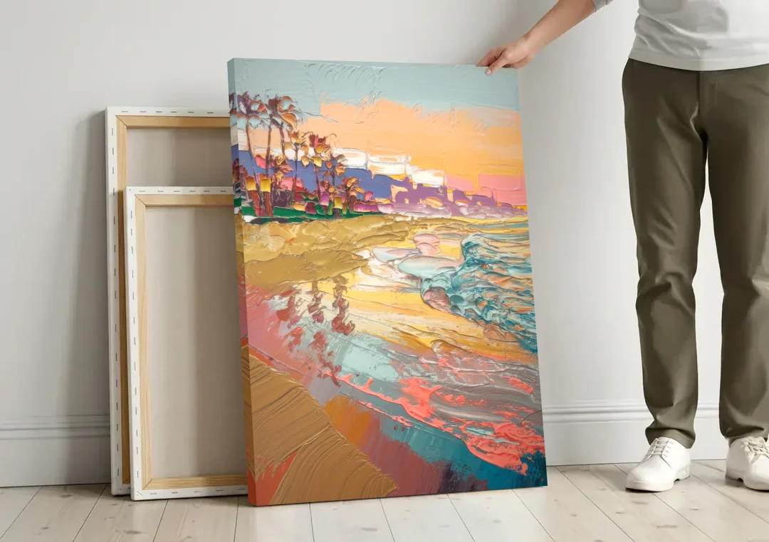 Irvine Orange County Vibes canvas wall art leaning against a wall next to blank canvases