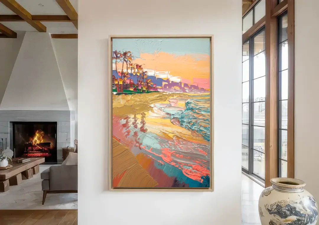 Irvine Orange County Vibes canvas wall art in a living room with a fireplace