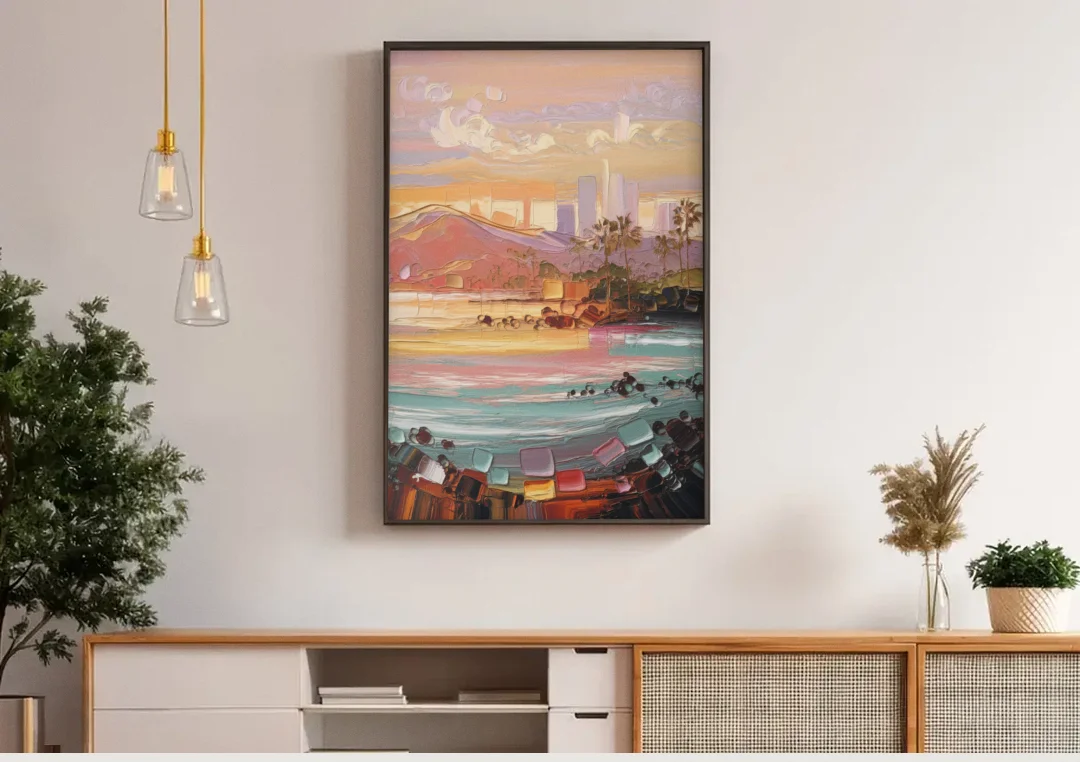 Irvine Sunset Views canvas wall art above a wooden sideboard under pendant lights