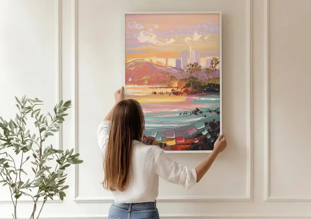 Irvine Sunset Views canvas wall art being hung on a paneled wall