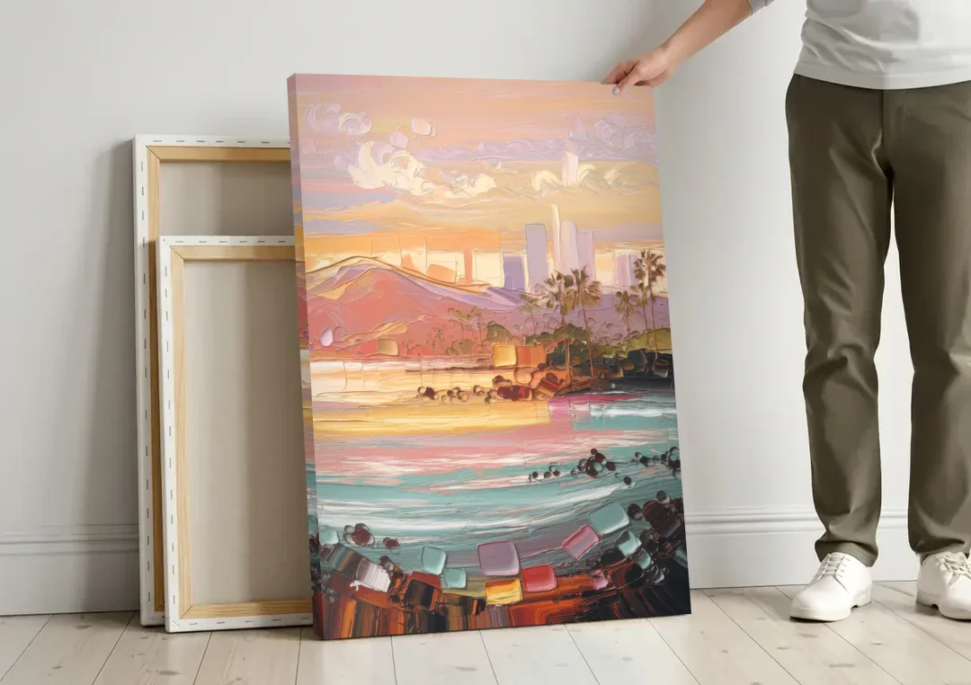 Irvine Sunset Views canvas wall art leaning against a wall next to blank canvases