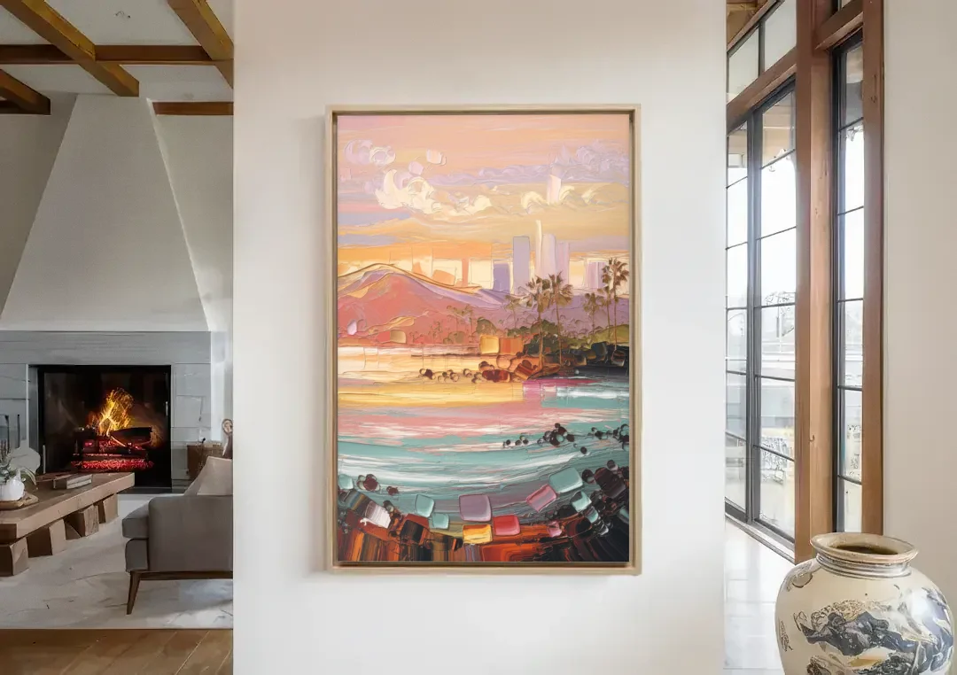 Irvine Sunset Views canvas wall art in a living room with a fireplace